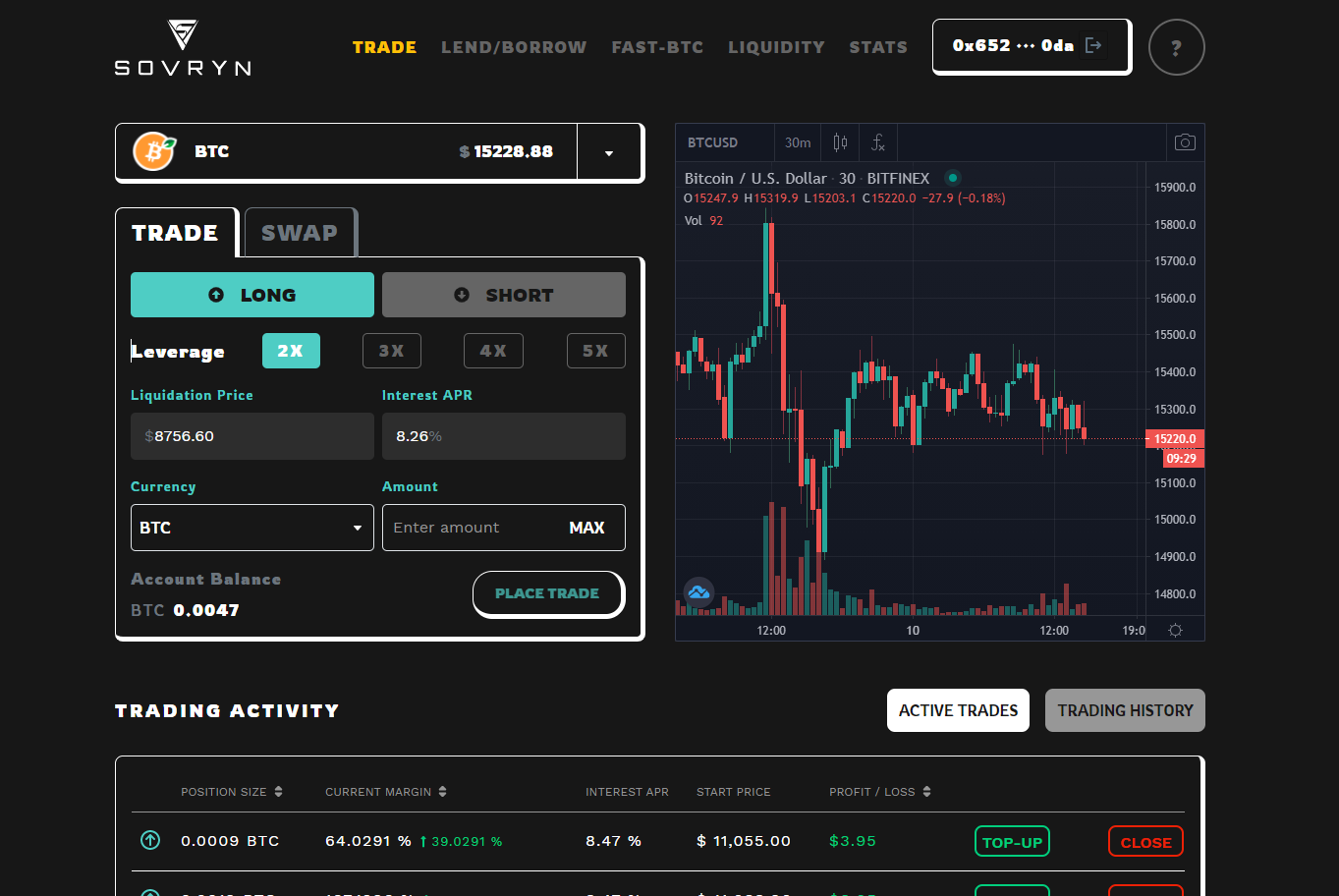 Screenshot of Sovryn Trading interface